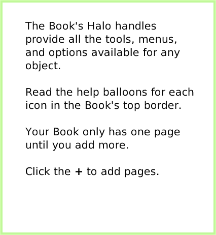 BooksExpandedControls, page 2. The Book's Halo handles provide all the tools, menus, and options available for any object.Read the help balloons for each icon in the Book's top border.Your Book only has one page until you add more.Click the + to add pages.  