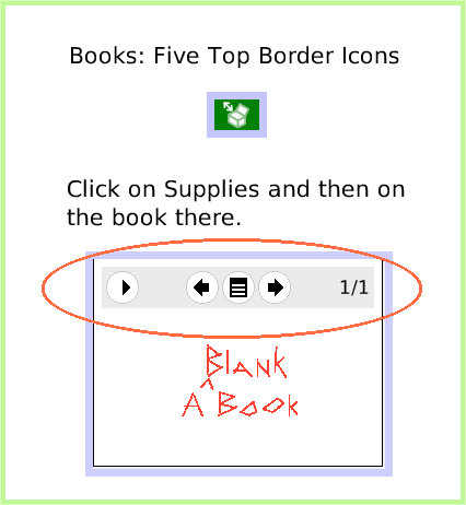 BooksTopBorderIcons, page 1. Books: Five Top Border Icons.  Click on Supplies and then on the book there.  