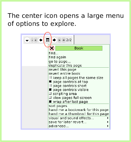 BooksTopBorderIcons, page 3. The center icon opens a large menu of options to explore.  