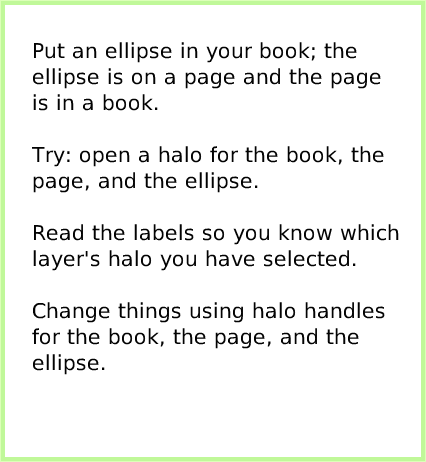BooksWorking-withLayers, page 3. Put an ellipse in your book; the ellipse is on a page and the page is in a book.Try: open a halo for the book, the page, and the ellipse.Read the labels so you know which layer's halo you have selected. Change things using halo handles for the book, the page, and the ellipse.  