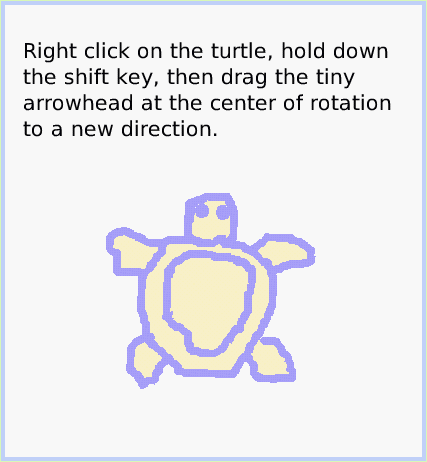 HaloArrow-atCenter, page 2. Right click on the turtle, hold down the shift key, then drag the tiny arrowhead at the center of rotation to a new direction.  