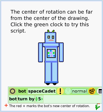 HaloCenter-ofRotation, page 4. + The red + marks the bot's new center of rotation.  The center of rotation can be far from the center of the drawing.Click the green clock to try this script.  