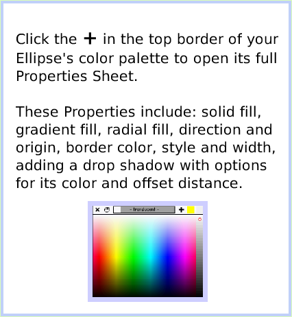 HaloColorPropertySheet, page 2. Click the + in the top border of your Ellipse's color palette to open its full Properties Sheet.These Properties include: solid fill, gradient fill, radial fill, direction and origin, border color, style and width, adding a drop shadow with options for its color and offset distance.  