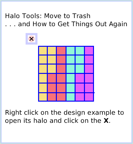 HaloTrash, page 1. Halo Tools: Move to Trash. . . and How to Get Things Out Again.  Right click on the design example to open its halo and click on the X.  