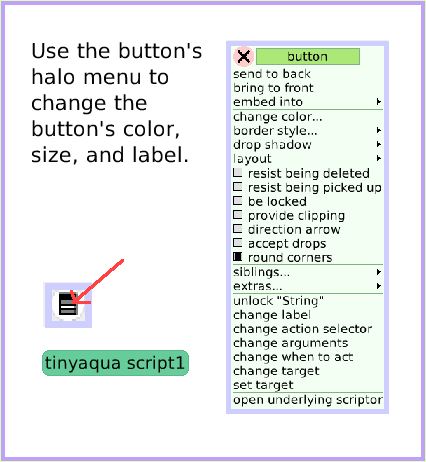 MenuButtonFires-aScript, page 3. Use the button's halo menu to change the button's color, size, and label.  