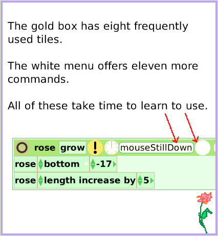 MenuScriptorIconsSet, page 4. The gold box has eight frequently used tiles. The white menu offers eleven more commands. All of these take time to learn to use.  