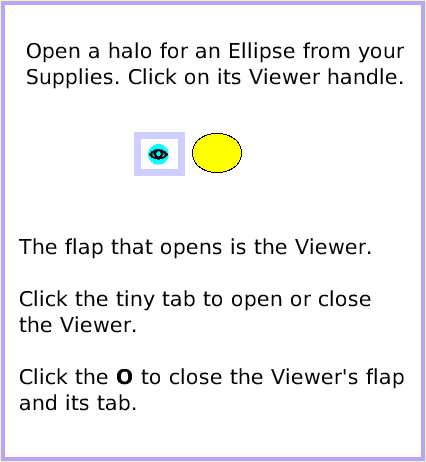 MenuViewerIconsSet, page 2. The flap that opens is the Viewer.Click the tiny tab to open or closethe Viewer.Click the O to close the Viewer's flap and its tab.  Open a halo for an Ellipse from your Supplies. Click on its Viewer handle.  