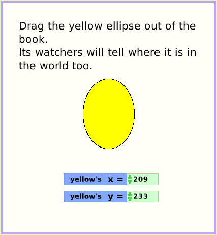 MenuWatchers, page 3. Drag the yellow ellipse out of the book.Its watchers will tell where it is inthe world too.  