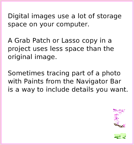 ObjectCatDigitalImages, page 4. Digital images use a lot of storage space on your computer.A Grab Patch or Lasso copy in a project uses less space than the original image.Sometimes tracing part of a photo with Paints from the Navigator Bar is a way to include details you want.  