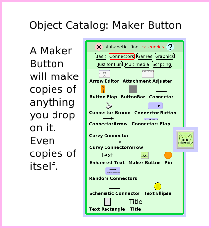 ObjectCatMakerButton, page 1. A Maker Button will make copies of anything you drop on it. Even copies of itself.  Object Catalog: Maker Button.  