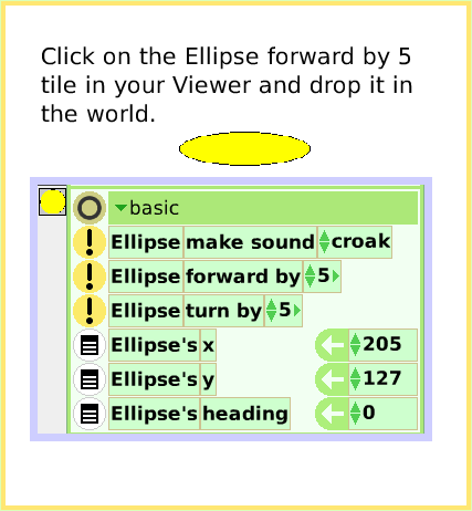 ScriptTileForward-by, page 2. Click on the Ellipse forward by 5 tile in your Viewer and drop it in the world.  