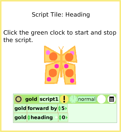 ScriptTileHeading, page 1. Click the green clock to start and stop the script.  Script Tile: Heading.  