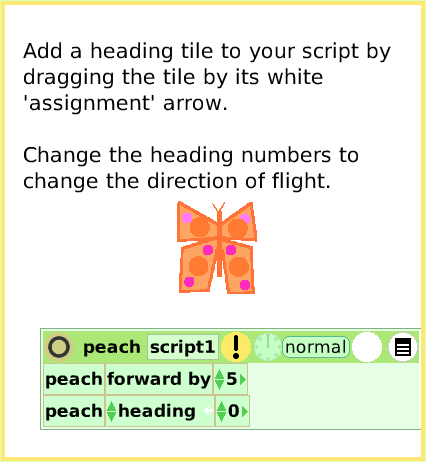 ScriptTileHeading, page 3. Add a heading tile to your script by dragging the tile by its white 'assignment' arrow.Change the heading numbers to change the direction of flight.  