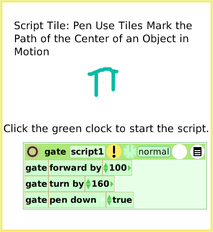 ScriptTilePenUse, page 1. Script Tile: Pen Use Tiles Mark the Path of the Center of an Object in Motion.  Click the green clock to start the script.  