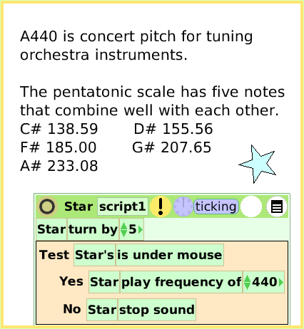 ScriptTileSoundCategory, page 3. A440 is concert pitch for tuning orchestra instruments.The pentatonic scale has five notes that combine well with each other.C# 138.59       D# 155.56F# 185.00       G# 207.65A# 233.08.  