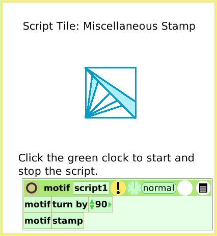 ScriptTileStamps, page 1. Click the green clock to start and stop the script.  Script Tile: Miscellaneous Stamp.  