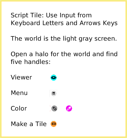 ScriptTileWorldInput, page 1. Script Tile: Use Input from Keyboard Letters and Arrows KeysThe world is the light gray screen.Open a halo for the world and find five handles:ViewerMenuColor                Make a Tile.  
