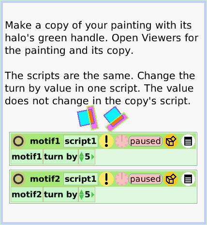 HaloSiblings, page 2. Make a copy of your painting with its halo's green handle. Open Viewers for the painting and its copy.

The scripts are the same. Change the turn by value in one script. The value does not change in the copy's script.  