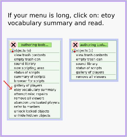 MenuEtoysVocabulary, page 2. If your menu is long, click on: etoy vocabulary summary and read.  