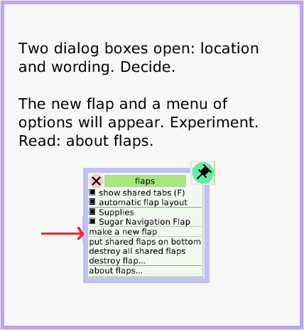 MenuMakeNewFlap, page 3. Two dialog boxes open: location and wording. Decide.

The new flap and a menu of options will appear. Experiment. 
Read: about flaps.  