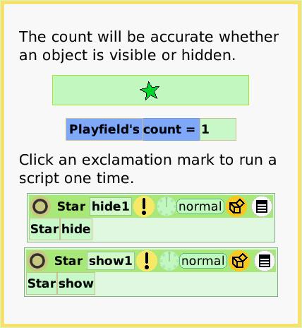 ScriptTilePlayfldCount, page 2. Click an exclamation mark to run a script one time.  The count will be accurate whether an object is visible or hidden.  