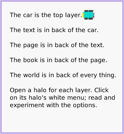 MenuBring-toFront, page 3. The car is the top layer.

The text is in back of the car.

The page is in back of the text.

The book is in back of the page.

The world is in back of every thing.

Open a halo for each layer. Click on its halo's white menu; read and experiment with the options.  