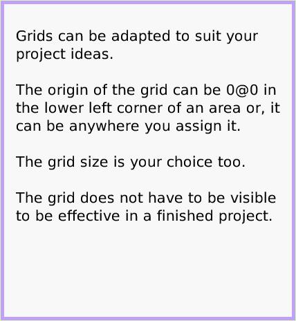 MenuGrid-andSnap-toGrid, page 3. Grids can be adapted to suit your project ideas. 

The origin of the grid can be 0@0 in the lower left corner of an area or, it can be anywhere you assign it.

The grid size is your choice too.

The grid does not have to be visible to be effective in a finished project.  