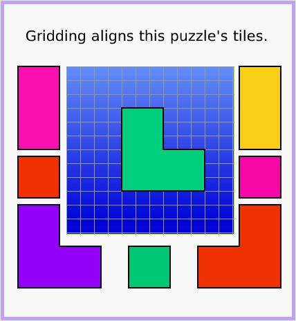 MenuGrid-andSnap-toGrid, page 4. Gridding aligns this puzzle's tiles.  How many different designs can be made with these tiles?.  