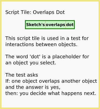 ScriptTileOverlapsDot, page 1. This script tile is used in a test for interactions between objects.

The word 'dot' is a placeholder for
an object you select.

The test asks
If: one object overlaps another object and the answer is yes,
then: you decide what happens next.  Script Tile: Overlaps Dot.  