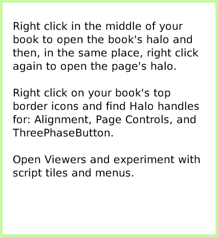 BooksWorking-withLayers, page 2. Right click in the middle of your book to open the book's halo and then, in the same place, right click again to open the page's halo. 

Right click on your book's top border icons and find Halo handles for: Alignment, Page Controls, and 
ThreePhaseButton.

Open Viewers and experiment with script tiles and menus.  